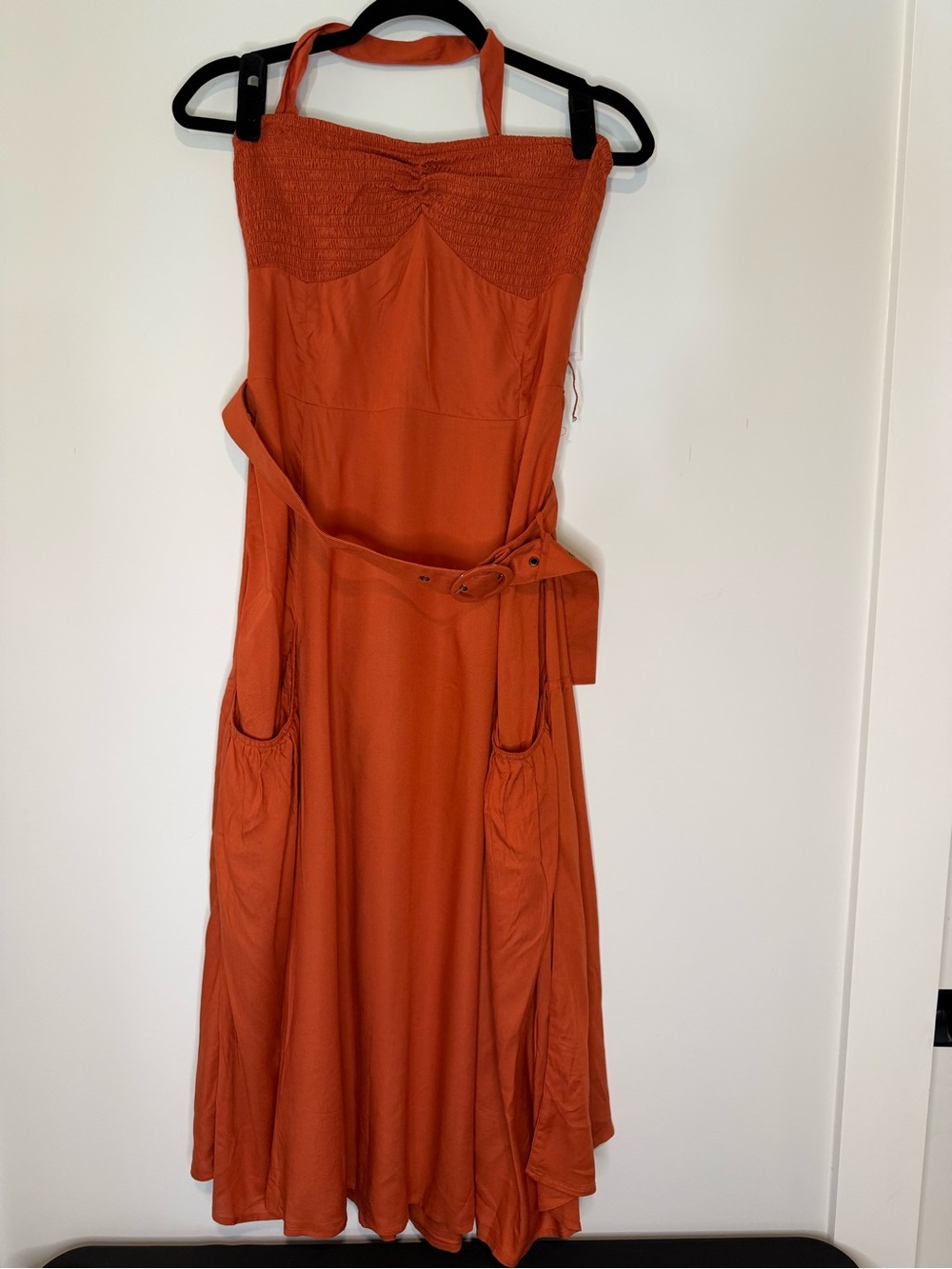 Venus Women’s Rust Orange Halter/Strapless Midi Dress with Belt